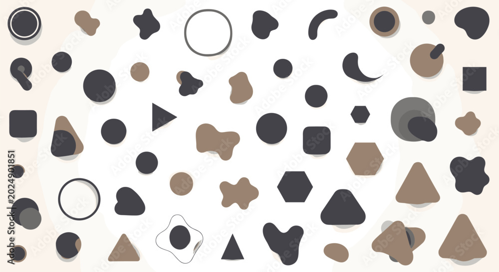 Fototapeta premium Whimsical collection of diverse abstract geometric and organic shapes, presented in a muted palette of brown, grey, and black, playfully scattered across a soft light beige background.