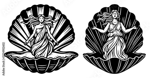 Foto Birth of Venus goddess standing in seashell in classical mythology woodcut style