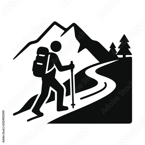 Black silhouette icon of a hiker walking on a mountain trail isolated on white background