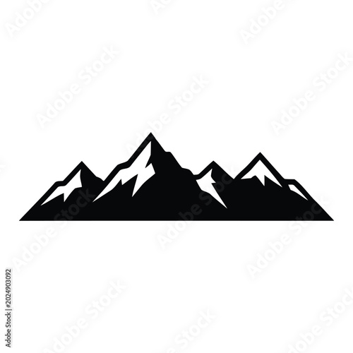 Black silhouette mountain range icon with snow peaks isolated on white background