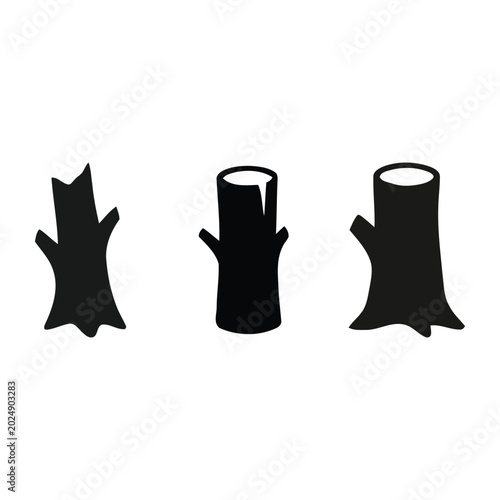 Black silhouette icons of tree stumps and logs for forest design isolated on white background