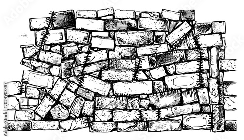 Tableau sur toile Old crumbling brick wall with stitched patches in vintage engraving style