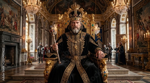Majestic bearded king wearing an ornate golden crown and royal velvet robes sits on a grand gilded throne while holding a decorative scepter in this highly detailed and regal historical photograph.