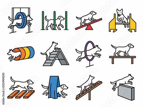 Εκτύπωση καμβά This image showcases a series of animated dogs navigating through different agility obstacles, highlighting their playful nature and skillful performances in agility training