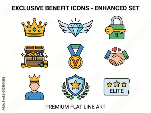 Foto A modern, flat line art set of icons featuring crowns, diamonds, and locks, representing exclusive benefits for premium club memberships and special offers in a stylized format