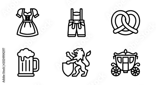 Tableau sur toile Bavarian Icons: Dirndl, Lederhosen, Pretzel, Beer Mug, Lion, Carriage