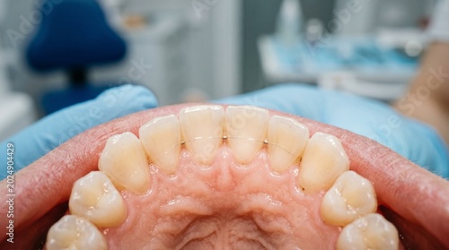 Close-up of human teeth and gums during dental examination in clinic