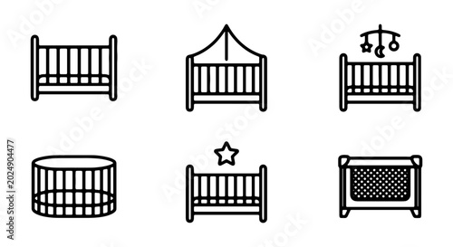 Tableau sur toile Baby Crib Icons Set, Nursery Furniture Vector Graphics, Newborn Sleep Space Coll