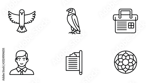 Vector Icons: Bird of Prey, Man, Document, Dreamcatcher, Calendar, Outline Style Icons for Business and Lifestyle