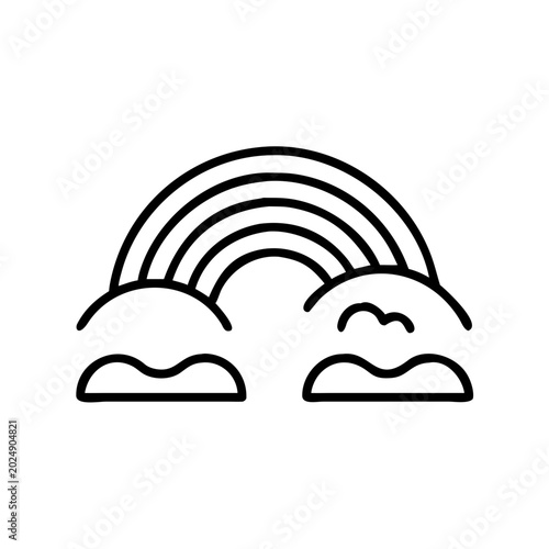 Rainbow arching over hills, simple illustration, black and white design