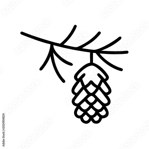 Pine cone on a branch, minimalist style, black outline, nature illustration, copy space