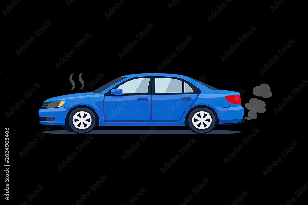 Obraz premium A blue car with smoke billowing from the exhaust pipe, potentially indicating engine problems