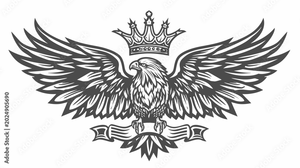 Fototapeta premium Majestic eagle emblem with crown and wings vintage style design vector art