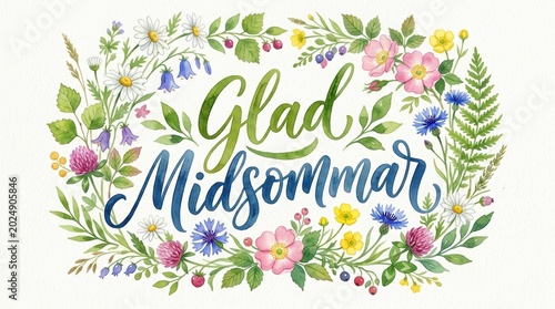 A bestseller greeting card featuring oversized “Glad Midsommar” in expressive watercolor brush lettering, surrounded by soft Scandinavian wildflowers and fresh green leaves
