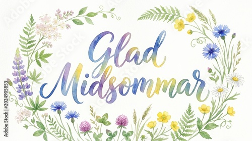 A bestseller greeting card featuring oversized “Glad Midsommar” in expressive watercolor brush lettering, surrounded by soft Scandinavian wildflowers and fresh green leaves