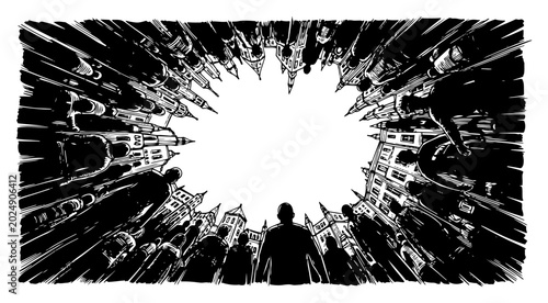 Canvas-taulu Crowd of silhouetted people surrounding viewer in urban setting in graphic engra