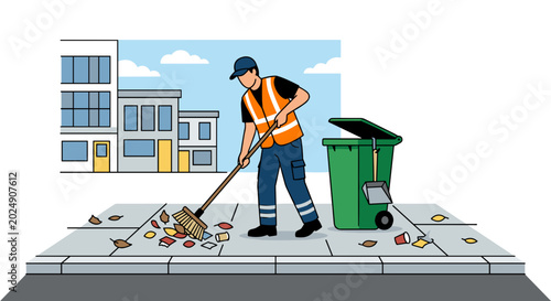 Male municipal street cleaner wearing high visibility orange vest and cap sweeping autumn leaves and litter into pile on concrete tile sidewalk next to green bin