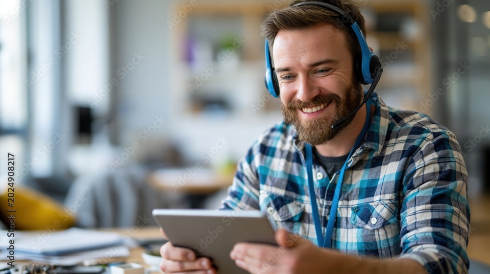 Fototapeta premium Customer support agent reviewing roadside assistance data on tablet in modern office