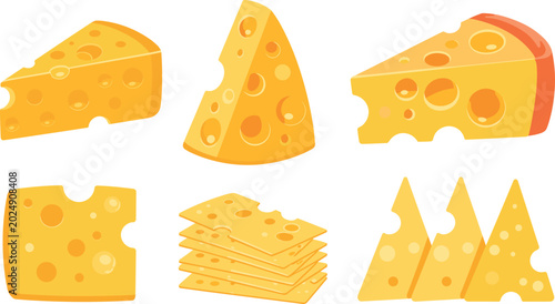 Obraz na płótnie Yellow Cheese Pieces and Slices Vector Set with Holes Isolated on White Backgrou