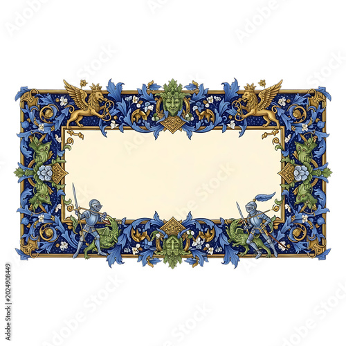 Ornate medieval frame with knights and dragons featuring intricate floral patterns and gold accents