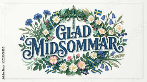 A premium papercut style Swedish Midsummer card with oversized “Glad Midsommar” lettering, layered flowers and leaves creating elegant depth, white background