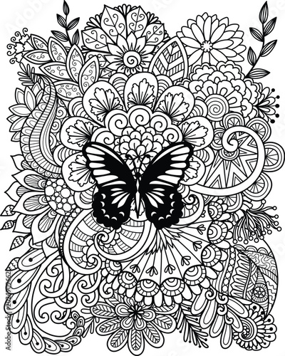 Abstract mandala flowers with butterfly for background and adult coloring book page size 11x8.5 inches. Vector illustration	