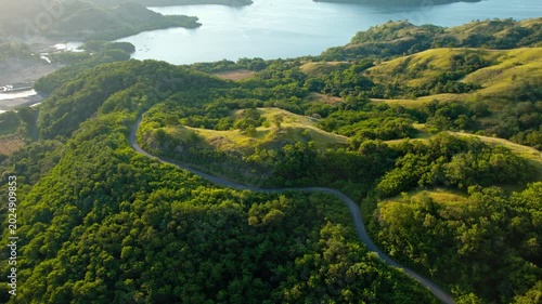 Drone orbit shot of a curved asphalt road winding through lush green forest hills near a sea bay at sunset in Flores, Indonesia.
