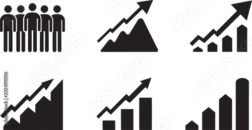 Corporate financial growth analytics and business team performance strategy solid glyph icons set with human workforce group and upward arrow traffic statistics symbols