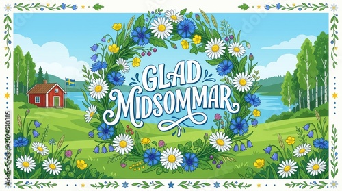 A commercial Swedish Midsummer greeting card with giant “Glad Midsommar” lettering encircled by a lush botanical wreath of daisies and cornflowers, fresh Scandinavian summer palette