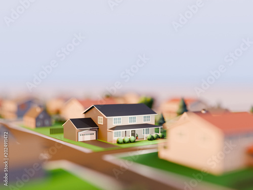 Fancy house in a nice, clean neighborhood.. Real estate, housing concept. Digital 3D render, no AI.