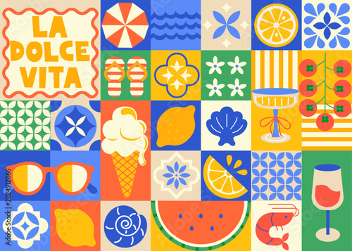 Modern ceramic tile design from mediterranean. Mosaic in blue,white,yellow and red colors.Geometric ethnic ornament, porcelain pottery.Summer sea theme.Vector illustration for web, banner,flyer,print