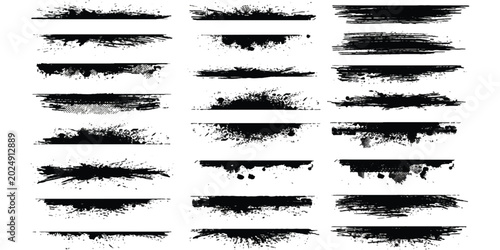 Set of black ink brush stroke lines and grunge texture dividers for design