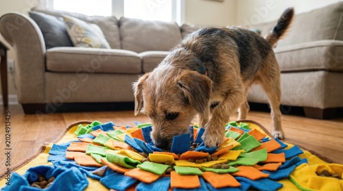 Cute terrier dog foraging for treats hidden inside colorful fabric snuffle mat in living room