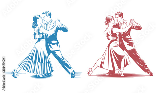 Couple dancing ballroom dance, vintage style illustration