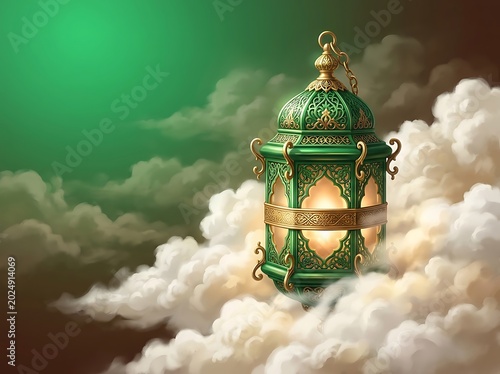 Decorative ornate green islamic lantern glowing amidst fluffy white clouds in the sky