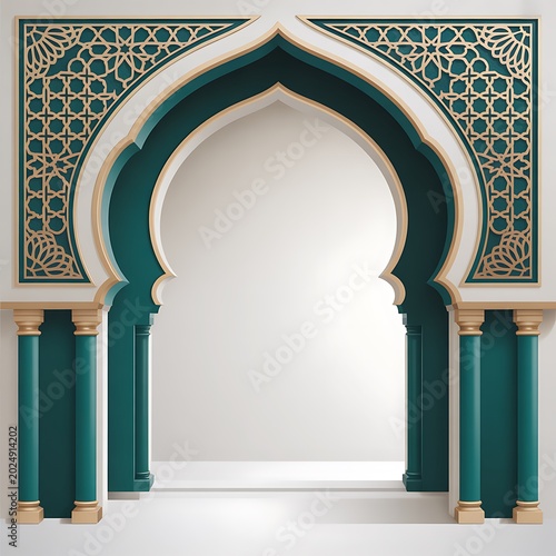 Ornate moorish archway with traditional gold islamic geometric patterns and decorative columns