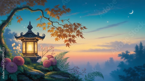 Traditional Japanese stone lantern in a peaceful garden setting at sunset with glowing maple leaves and flowers