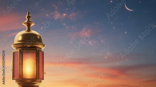 Glowing lantern standing against a twilight sky with a crescent moon and stars