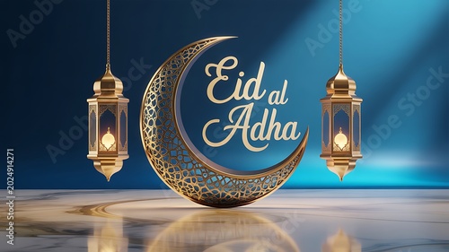 Golden crescent moon with eid al adha typography and hanging lanterns against a blue background