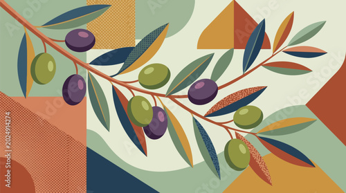 Artistic vector illustration featuring a stylized olive branch with green and purple fruit crafted in a flat geometric design style