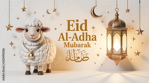 Eid AlAdha Mubarak celebration greeting card with a cute cartoon sheep and hanging lantern