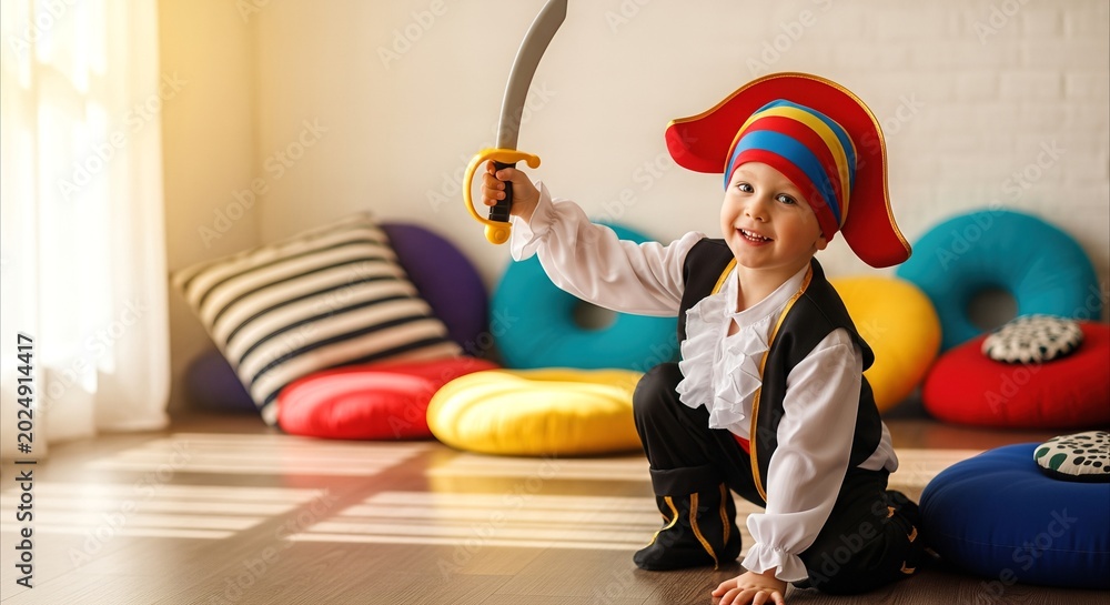 Fototapeta premium Joyful young boy in pirate costume holding toy sword, playing in a bright, colorful room with cushions and sunlight