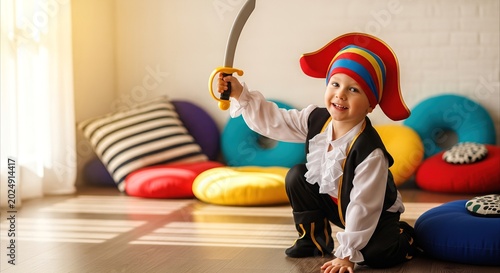 Joyful young boy in pirate costume holding toy sword, playing in a bright, colorful room with cushions and sunlight