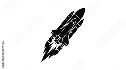 Foto Spaceship shuttle silhouette with flames isolated on white background