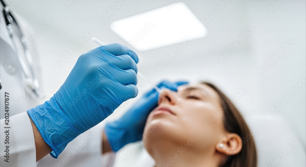 Fototapeta premium Medical professional performs nasal swab test on patient in sterile clinic for health screening and diagnosis