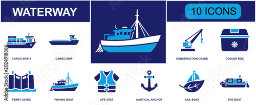 Foto Waterway transport icon set containing cargo ship, construction crane, cooler box, ferry gates, fishing boat, life vest, anchor, sail boat, tug boat and more, solid fill vector icons