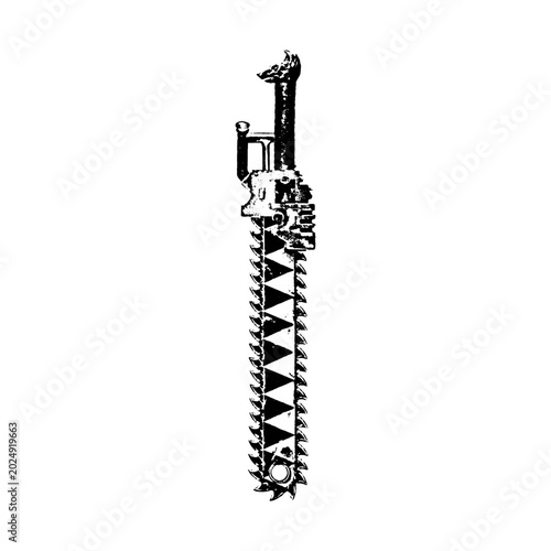 Foto Detailed black and white ink style drawing of a fantasy chainsword weapon featur