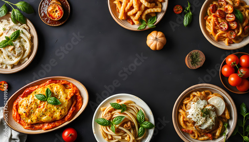 Italian food dishes on dark background, collage style. White tone