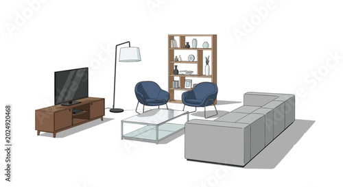 Isometric view of a modern living room setup with a grey sectional sofa, a wooden TV stand with a television, two blue armchairs, a glass coffee table, a tall bookshelf, and a floor lamp.
