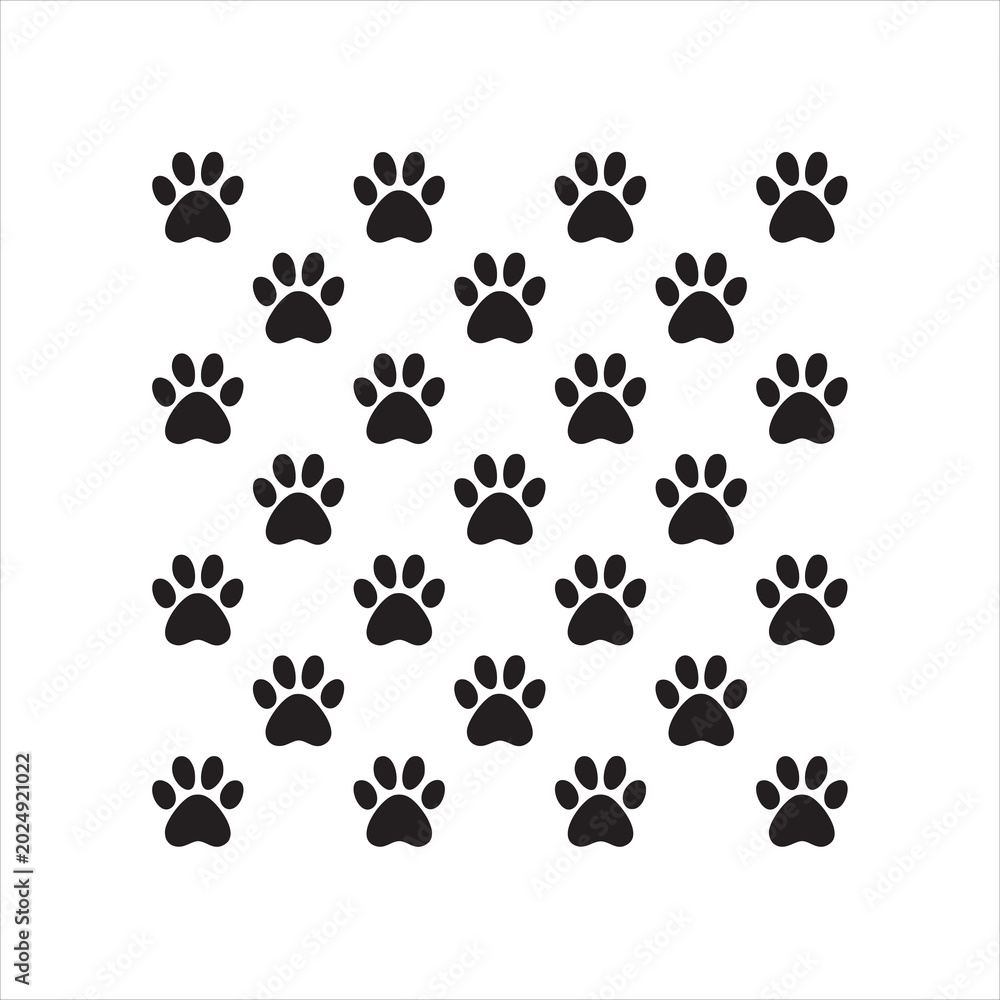 Fototapeta premium Paw prints background pattern for pets and animals, Cute animal paw tracks.